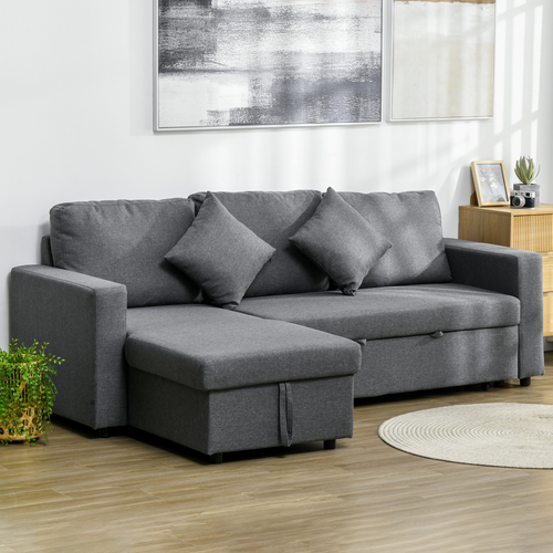 HOMCOM Corner Sofa Bed with Storage, 3 Seater Pull Out Sofa Bed, Dark Gray