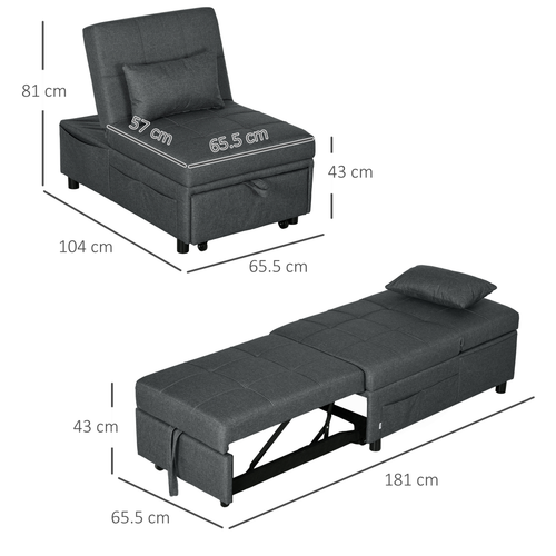 HOMCOM Folding Sofa Bed Adjustable Single Sleeper w/ Pillow Side Pocket, Gray