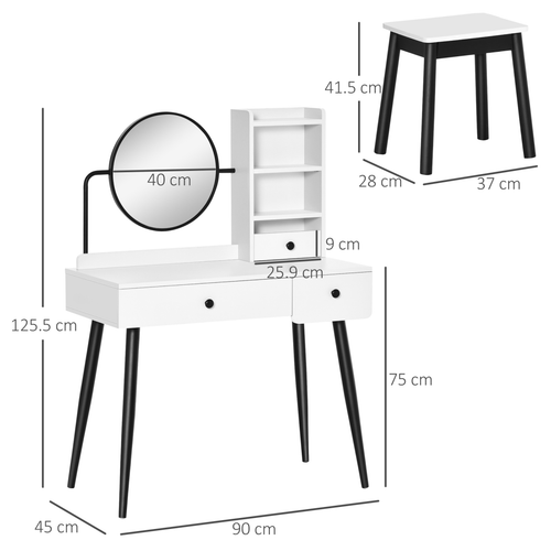 Dressing Table Set with 3 Drawers, Storage shelves and Stool, White