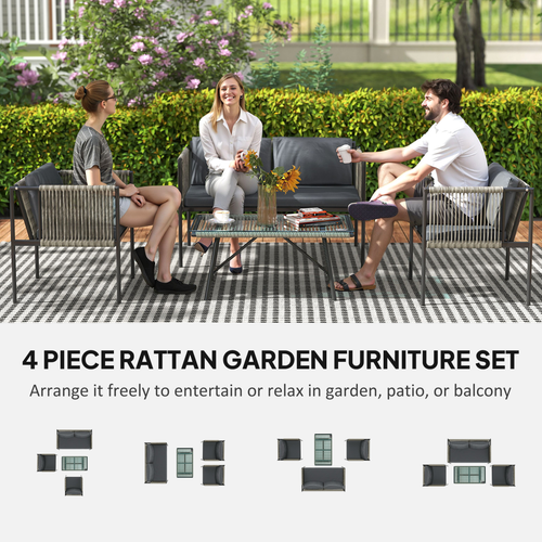 Outsunny 4 Seater Wicker Outdoor Furniture Set with Glass Coffee Table Gray