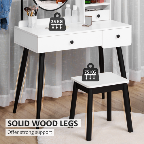 Dressing Table Set with 3 Drawers, Storage shelves and Stool, White