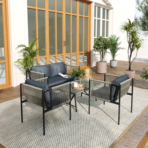 Outsunny 4 Seater Wicker Outdoor Furniture Set with Glass Coffee Table Gray