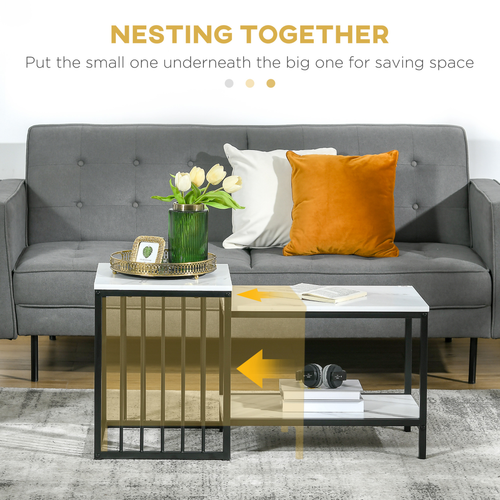 HOMCOM Modern Coffee Table Set of Two Steel Frame Marble-Effect White, Black