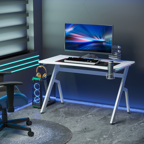 Gaming Desk Racing Style Computer Table RGB LED Lights, Hook, White