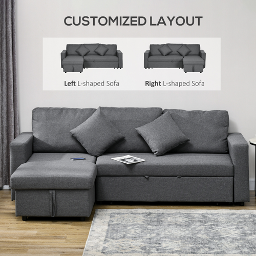 HOMCOM Corner Sofa Bed with Storage, 3 Seater Pull Out Sofa Bed, Dark Gray
