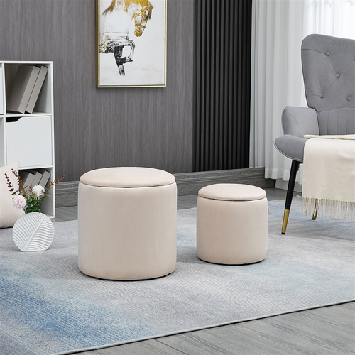 HOMCOM Modern Fabric Storage Ottoman with Removable Lid, Set of 2, Cream White