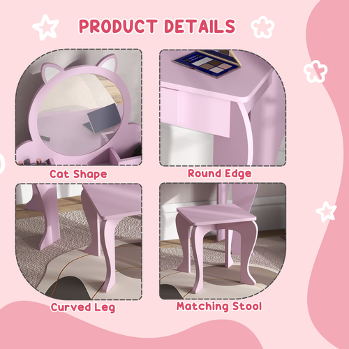 ZONEKIZ Kids Dressing Table Cat Design with Mirror Stool, Drawer, Storage Boxes