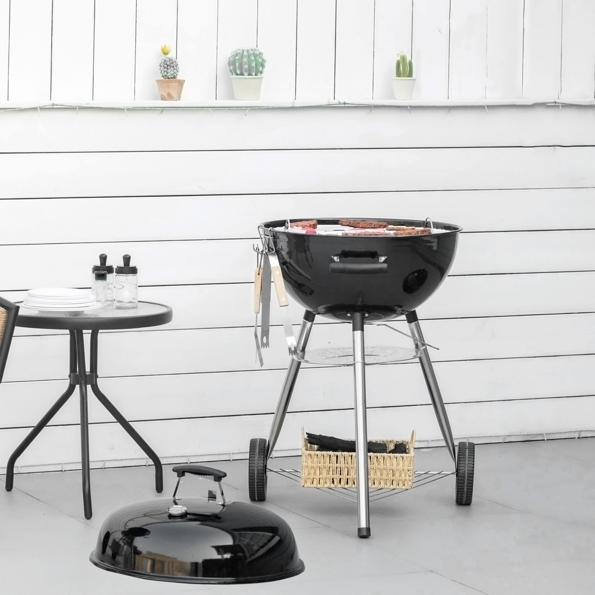 Outsunny Portable Kettle Charcoal Grill BBQ Smoker w/ Cover, Lid, &amp; Thermometer