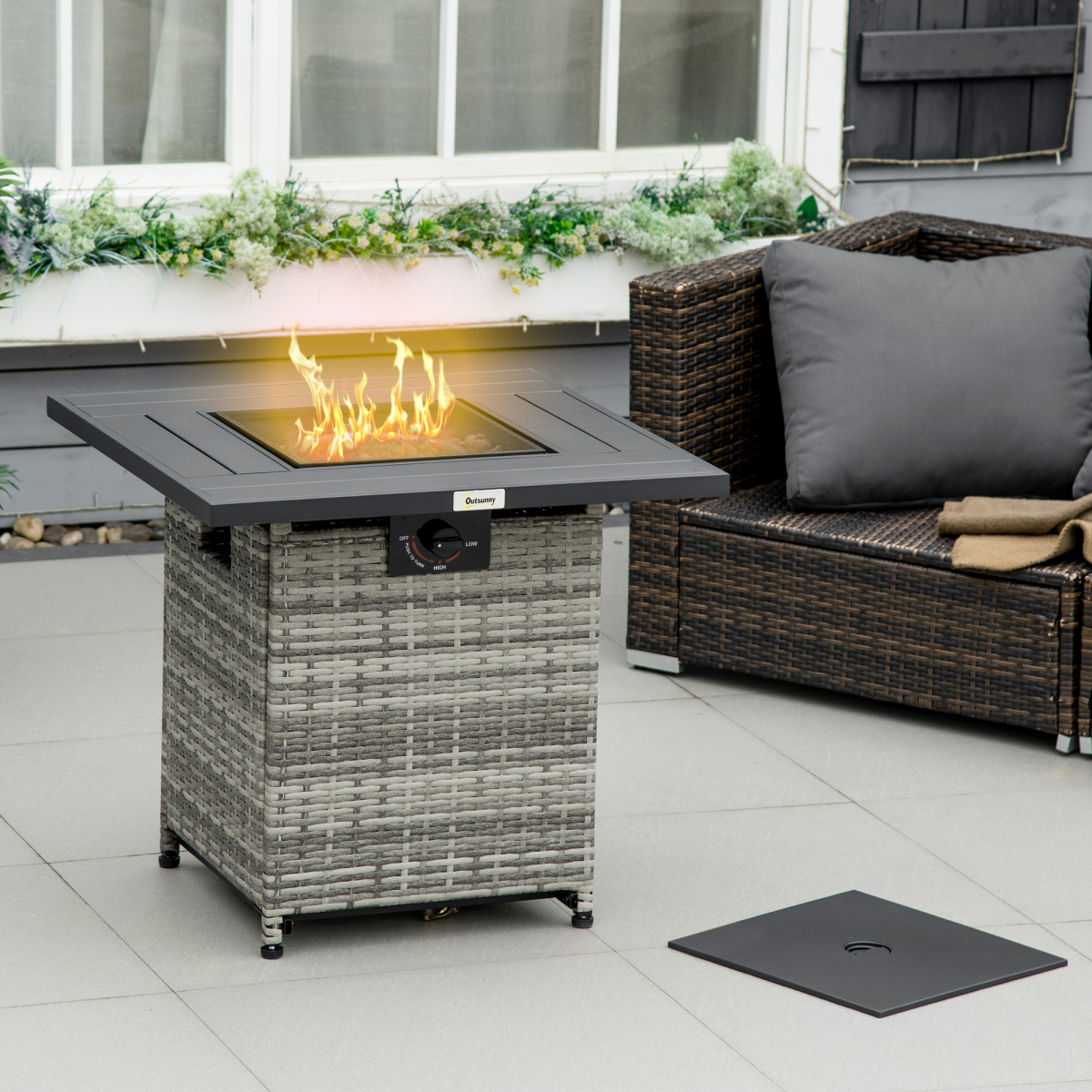 Outsunny Gas Fire Pit Table w/ Rain Cover, Mesh Lid &amp; Lava Stone, 40,000 BTU