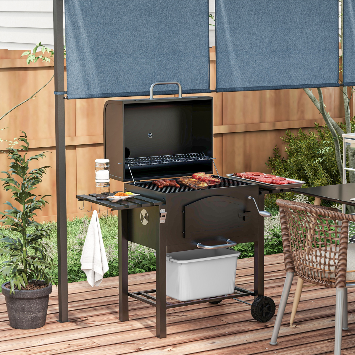 Outsunny Charcoal Grill BBQ Trolley w/ Adjustable Charcoal Height &amp; Thermometer