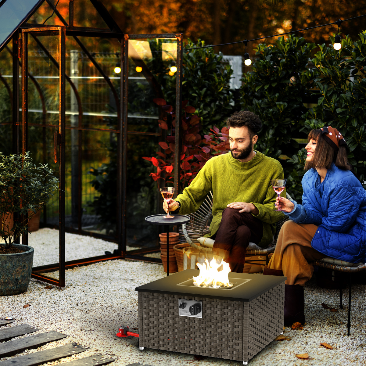 Outsunny 13 KW Rattan Gas Fire Pit Table, Propane Fire Pit for Garden, Gray