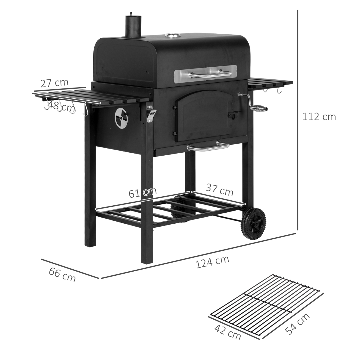 Outsunny Charcoal Grill BBQ Trolley w/ Adjustable Charcoal Height &amp; Thermometer