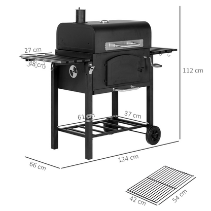 Outsunny Charcoal Grill BBQ Trolley w/ Adjustable Charcoal Height &amp; Thermometer