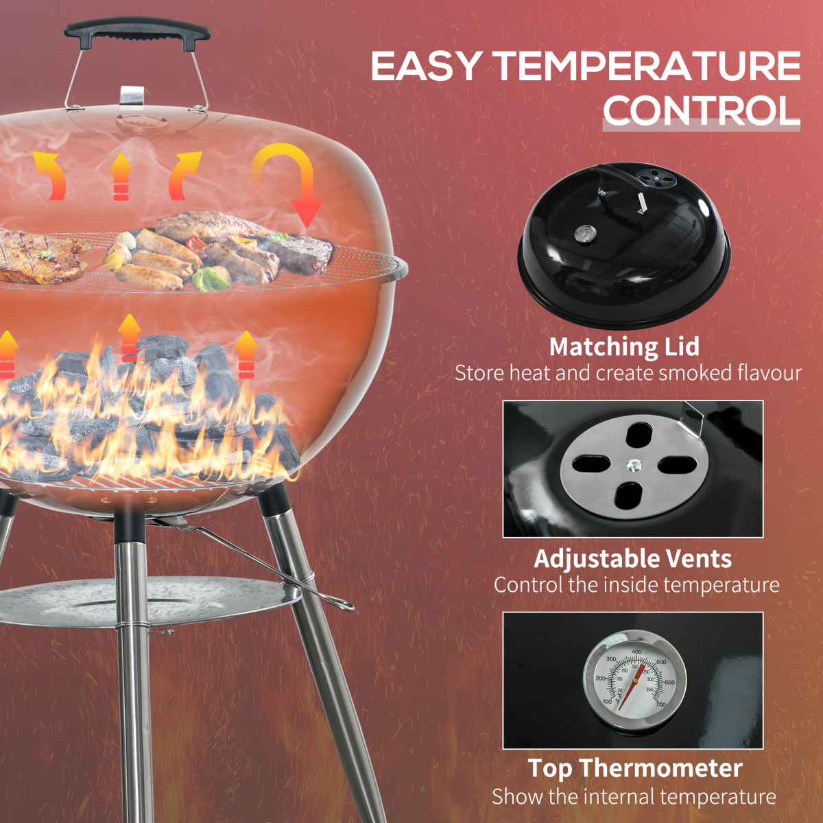 Outsunny Portable Kettle Charcoal Grill BBQ Smoker w/ Cover, Lid, &amp; Thermometer