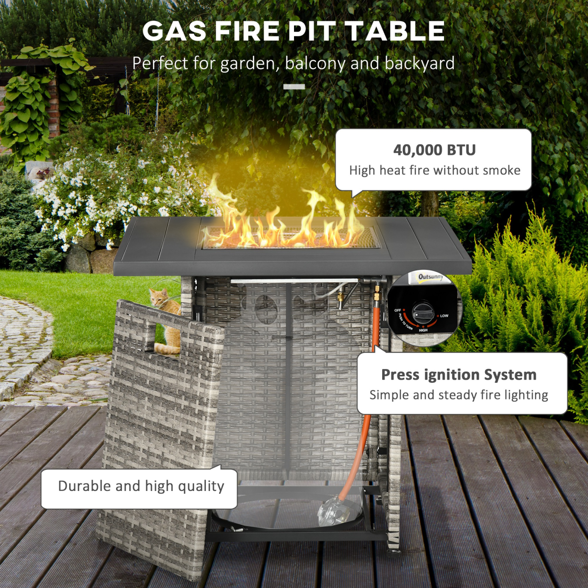 Outsunny Gas Fire Pit Table w/ Rain Cover, Mesh Lid &amp; Lava Stone, 40,000 BTU