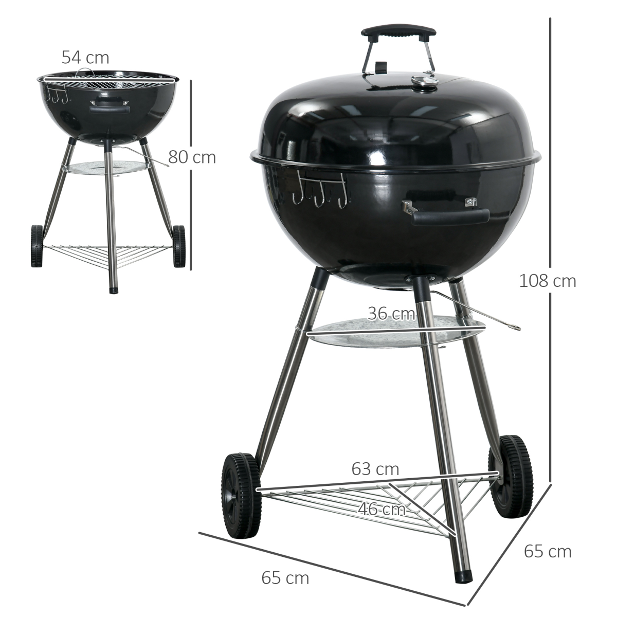 Outsunny Portable Kettle Charcoal Grill BBQ Smoker w/ Cover, Lid, &amp; Thermometer