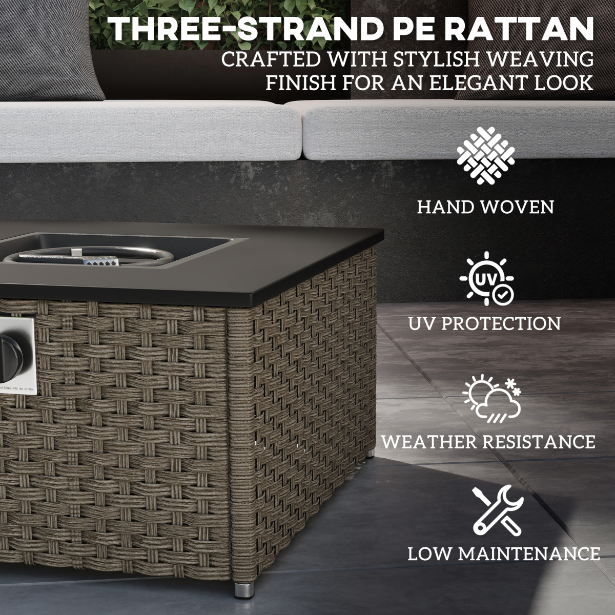 Outsunny 13 KW Rattan Gas Fire Pit Table, Propane Fire Pit for Garden, Gray