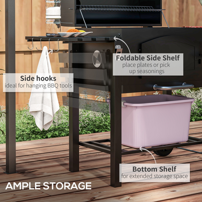 Outsunny Charcoal Grill BBQ Trolley w/ Adjustable Charcoal Height &amp; Thermometer