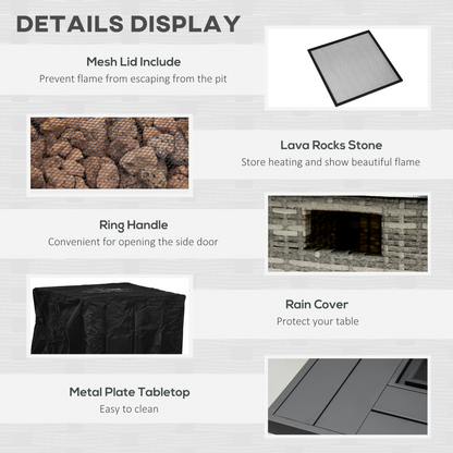 Outsunny Gas Fire Pit Table w/ Rain Cover, Mesh Lid &amp; Lava Stone, 40,000 BTU
