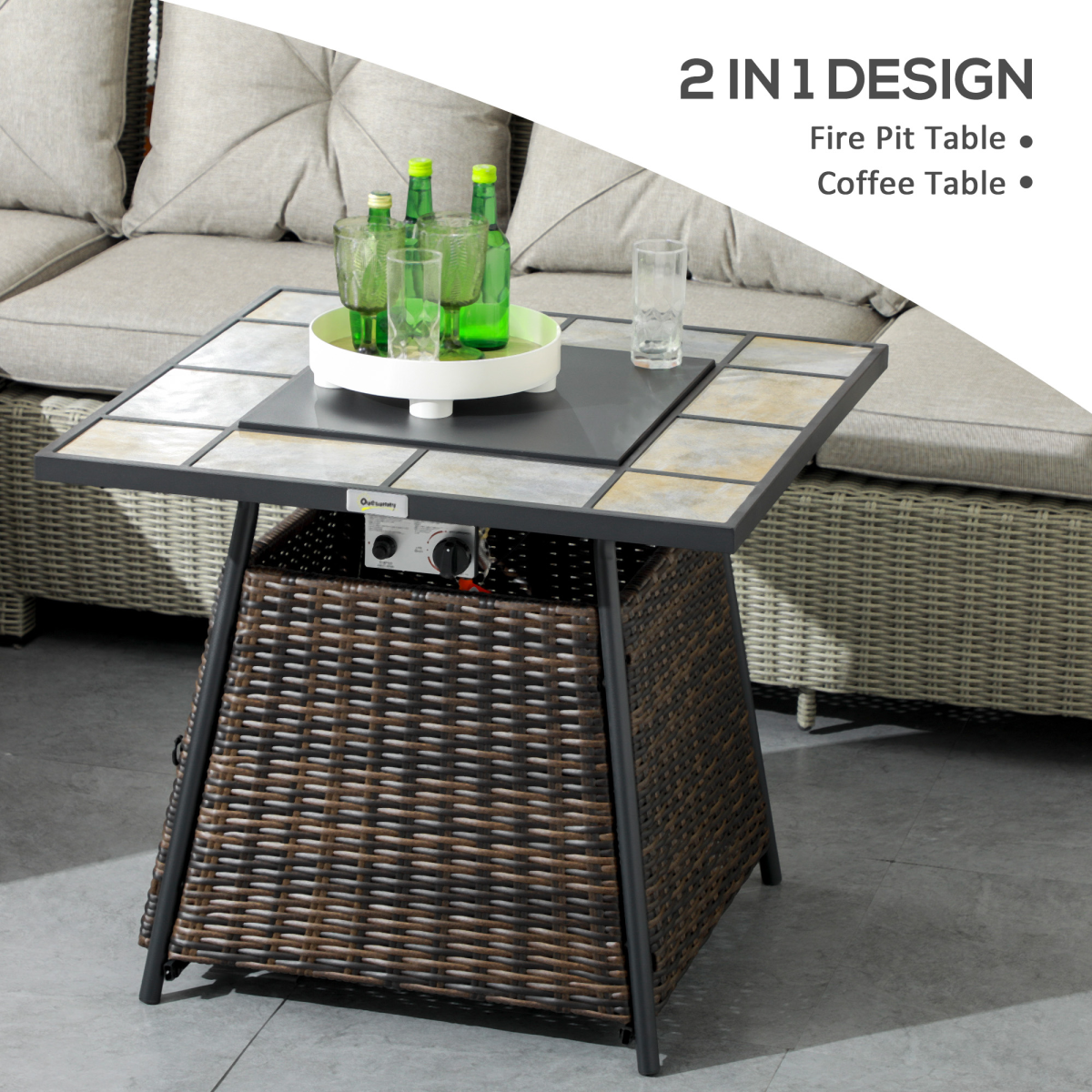 Outsunny Rattan Fire Pit Square Patio Heater w/ Fire Control Panel for Outdoor