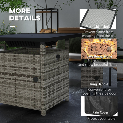 Outsunny 50,000 BTU Rattan Fire Pits for Garden, Propane Fire Pit Table, Gray