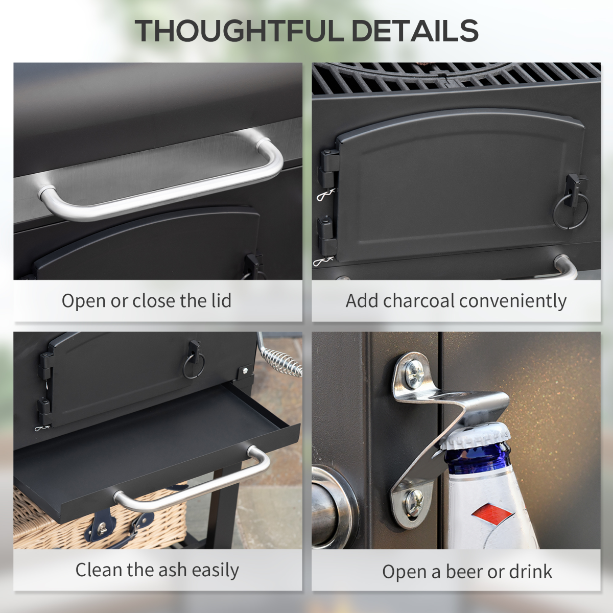 Outsunny Charcoal Grill BBQ Trolley w/ Adjustable Charcoal Height &amp; Thermometer