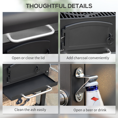 Outsunny Charcoal Grill BBQ Trolley w/ Adjustable Charcoal Height &amp; Thermometer