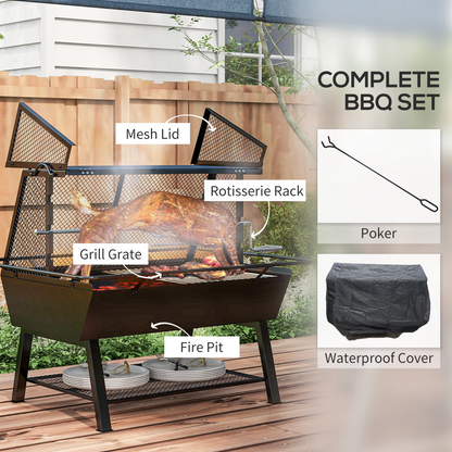 Outsunny 3-in-1 BBQ Rotisserie Grill Roaster Fire Pit for Outdoor Picnic Camping