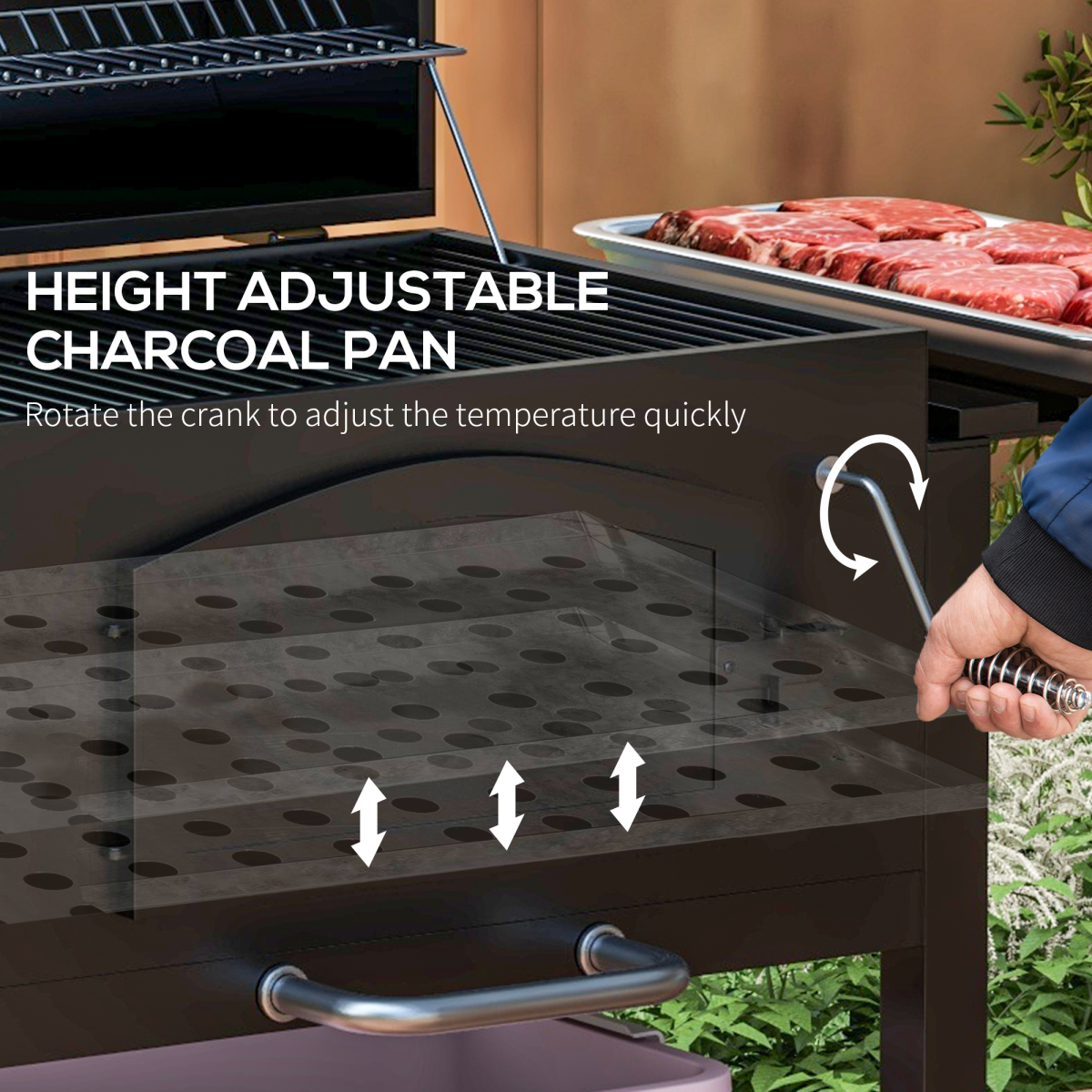 Outsunny Charcoal Grill BBQ Trolley w/ Adjustable Charcoal Height &amp; Thermometer