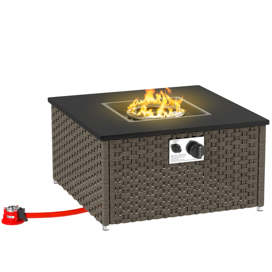 Outsunny 13 KW Rattan Gas Fire Pit Table, Propane Fire Pit for Garden, Gray