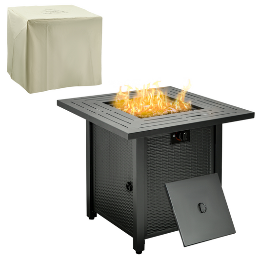 Square Propane Gas Fire Pit Table Rattan Smokeless Patio Heater Lava Rocks &amp; Lid