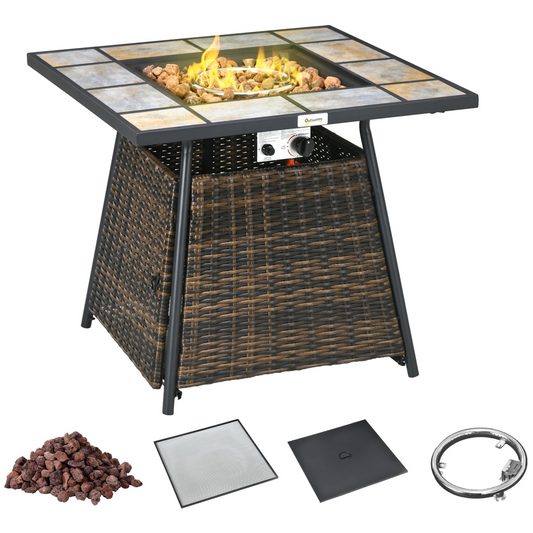Outsunny Rattan Fire Pit Square Patio Heater w/ Fire Control Panel for Outdoor