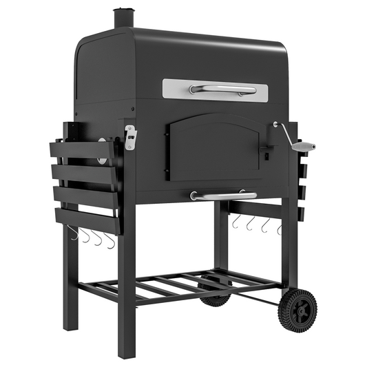 Outsunny Charcoal Grill BBQ Trolley w/ Adjustable Charcoal Height &amp; Thermometer