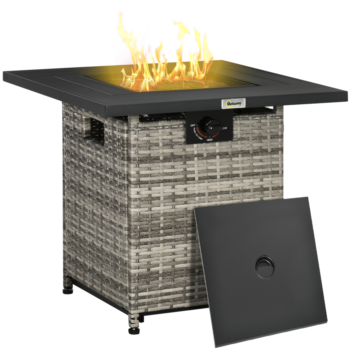 Outsunny Gas Fire Pit Table w/ Rain Cover, Mesh Lid &amp; Lava Stone, 40,000 BTU