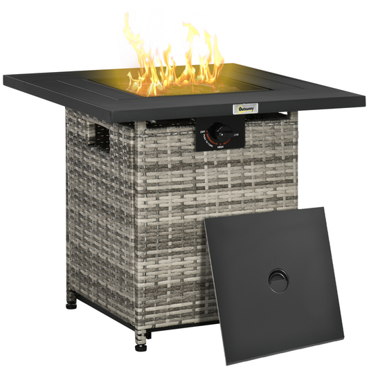 Outsunny Gas Fire Pit Table w/ Rain Cover, Mesh Lid &amp; Lava Stone, 40,000 BTU