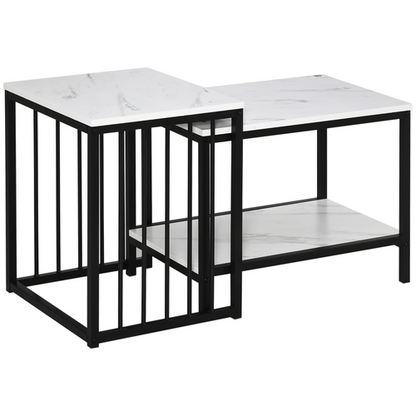 HOMCOM Modern Coffee Table Set of Two Steel Frame Marble-Effect White, Black