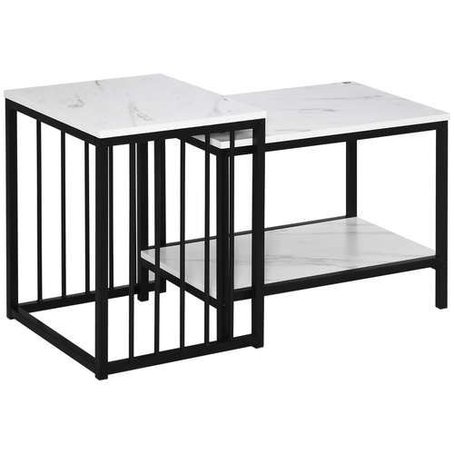 HOMCOM Modern Coffee Table Set of Two Steel Frame Marble-Effect White, Black