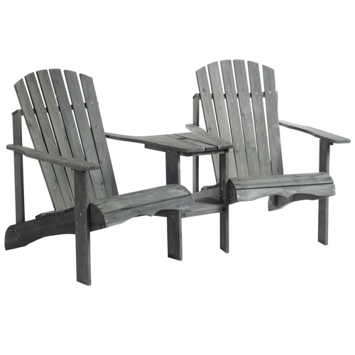Wooden Double Adirondack Chairs Loveseat &amp; Center Table &amp; Umbrella Hole, Gray
