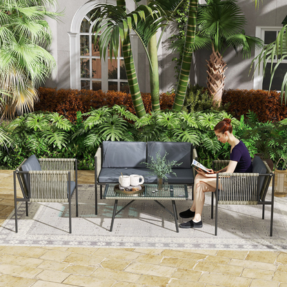 Outsunny 4 Seater Wicker Outdoor Furniture Set with Glass Coffee Table Gray