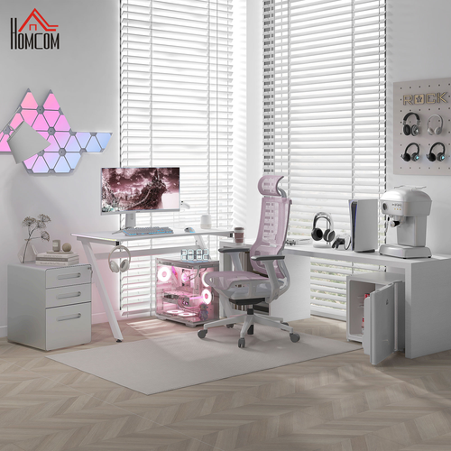 Gaming Desk Racing Style Computer Table RGB LED Lights, Hook, White