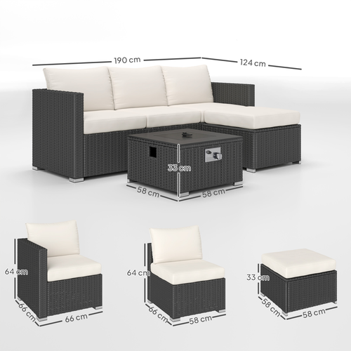 Outsunny 4 Seater Rattan Sofa Set with Footstool Thick Cushions Black Cream