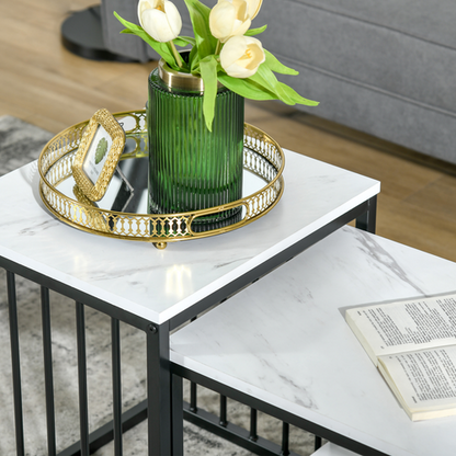 HOMCOM Modern Coffee Table Set of Two Steel Frame Marble-Effect White, Black