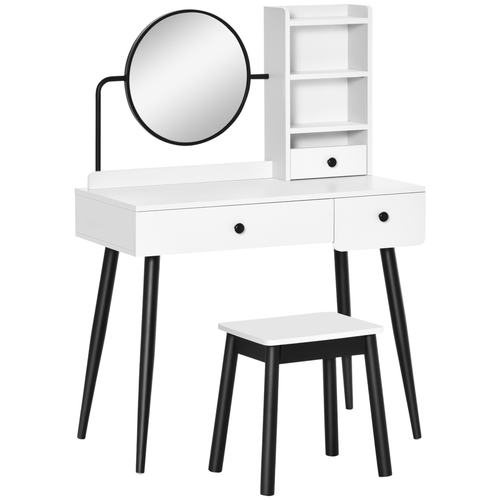 Dressing Table Set with 3 Drawers, Storage shelves and Stool, White