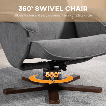 HOMCOM Swivel Recliner Chair and Footstool Linen-touch Fabric Wooden Base, Gray