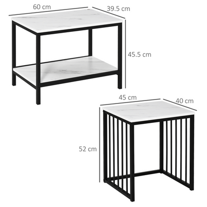 HOMCOM Modern Coffee Table Set of Two Steel Frame Marble-Effect White, Black