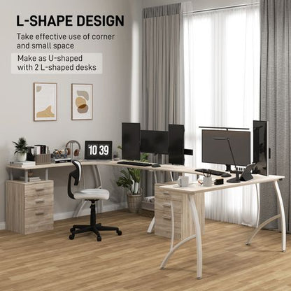 HOMCOM L-Shaped Corner PC Desk Table w/ Drawer Home Office Workstation, Oak