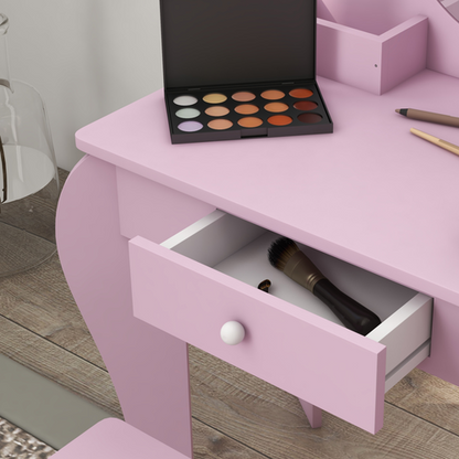 ZONEKIZ Kids Dressing Table Cat Design with Mirror Stool, Drawer, Storage Boxes