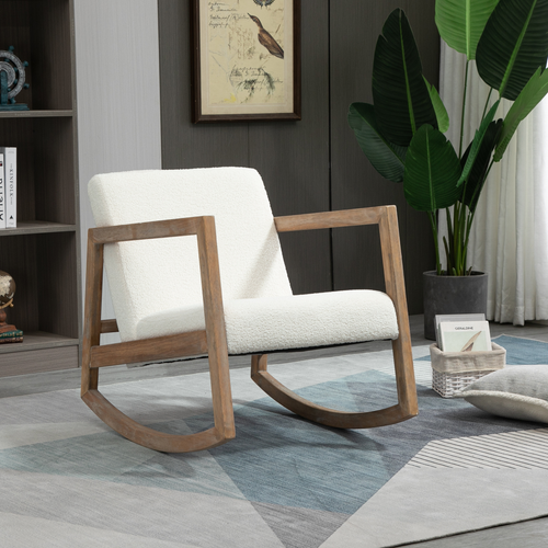 HOMCOM Rocking Chair Upholstered Armchair Wooden Accent Chair Cream