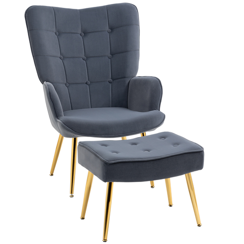 HOMCOM Button Tufted Armchair with Footstool and Gold Tone Steel Legs Dark Gray