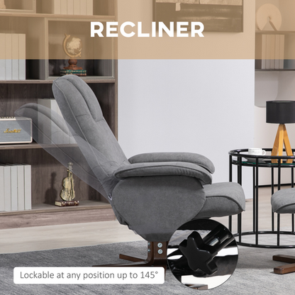 HOMCOM Swivel Recliner Chair and Footstool Linen-touch Fabric Wooden Base, Gray